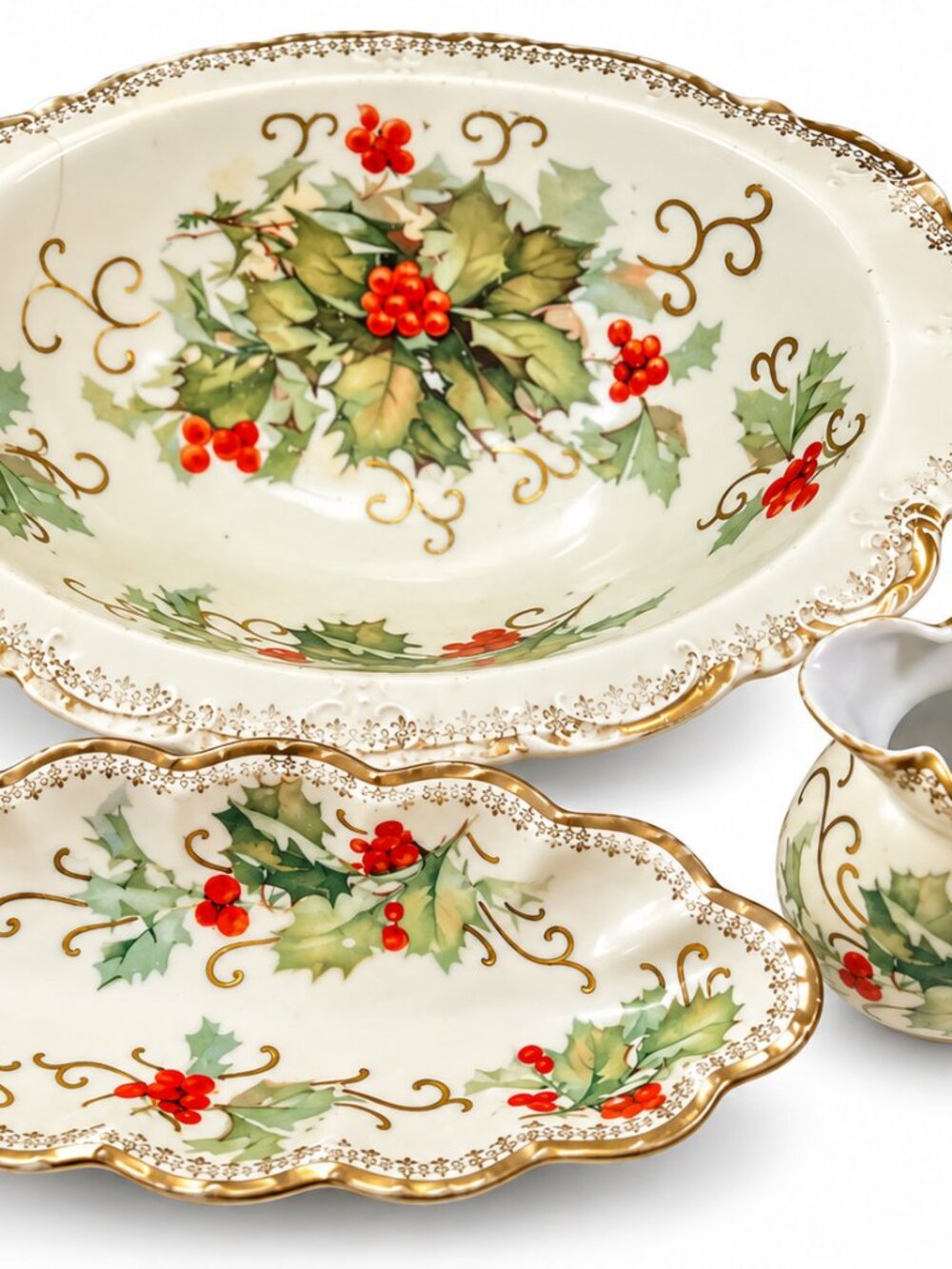 RV-10--Menuet Poland Royal Vienna Basket of Cheer 3-Piece Holly Porcelain Set